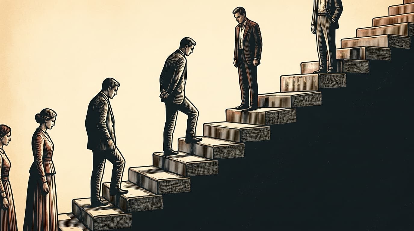 Anxious figures on an ascending stone staircase, each gazing downward at the rung beneath them in sharp moral comparison.