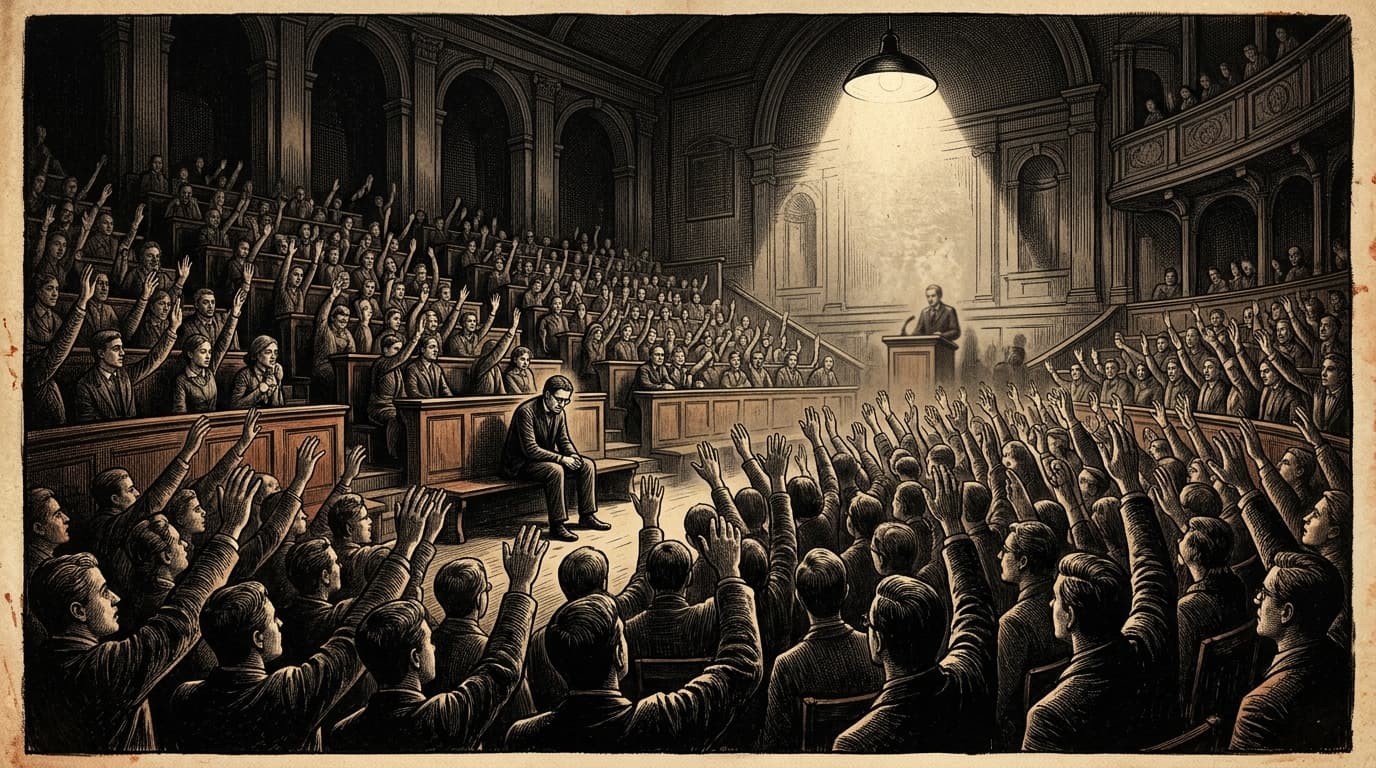 A vast academic lecture hall at night during an intense public assembly, where a dense crowd raises hands under a harsh spotlight while a solitary figure in the back keeps their hands down in quiet deliberation.