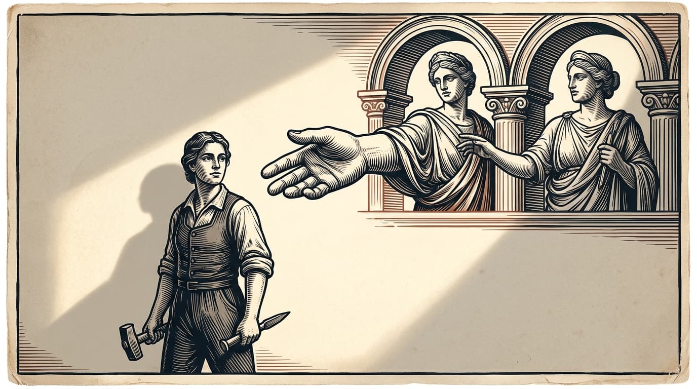 Two classical figures holding up distorting mirror arches with a patronising hand extended from above, while an autonomous artisan in work clothes with tools calmly turns away in refusal.
