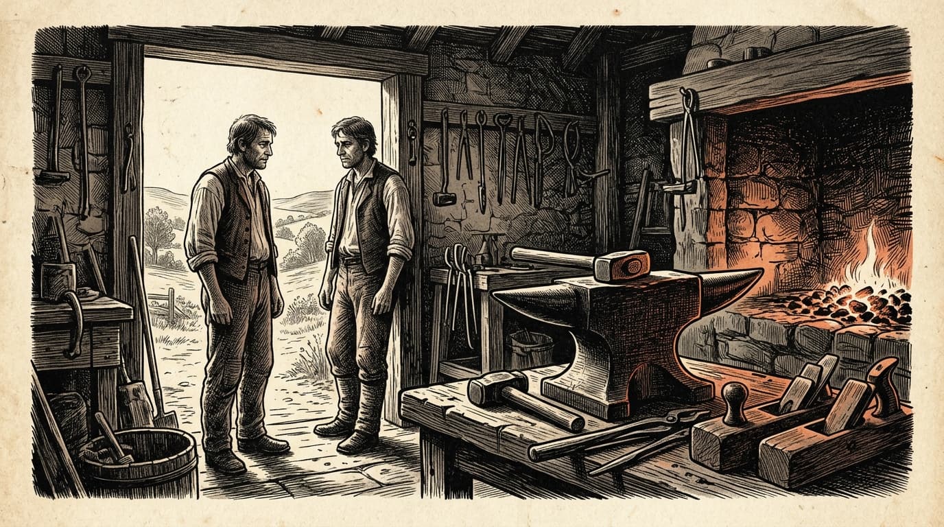 A quiet artisan workshop and blacksmith forge with glowing embers illuminating an iron anvil, heavy hammer, and wood hand planes, while two figures stand in genuine unhurried acknowledgment near the open doorway.