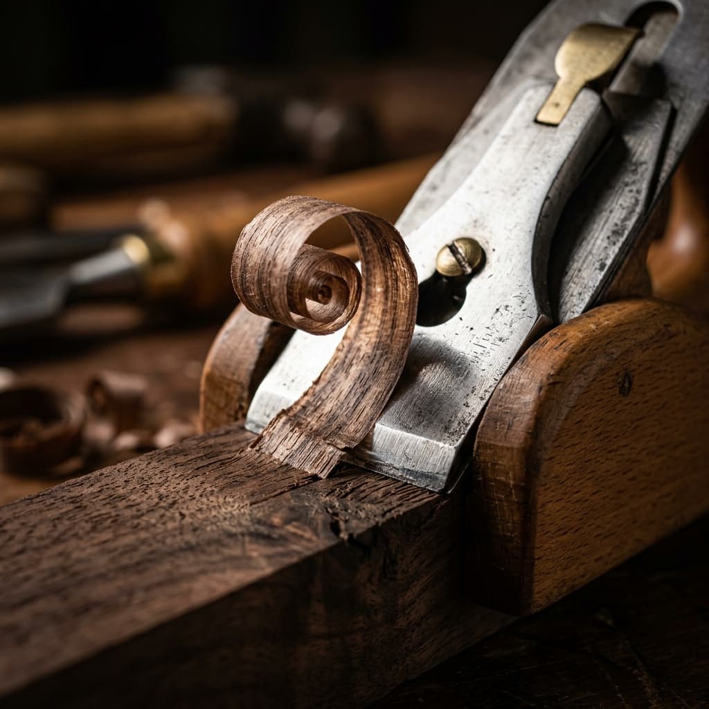 The point of contact: a hand plane cutting dark walnut wood.