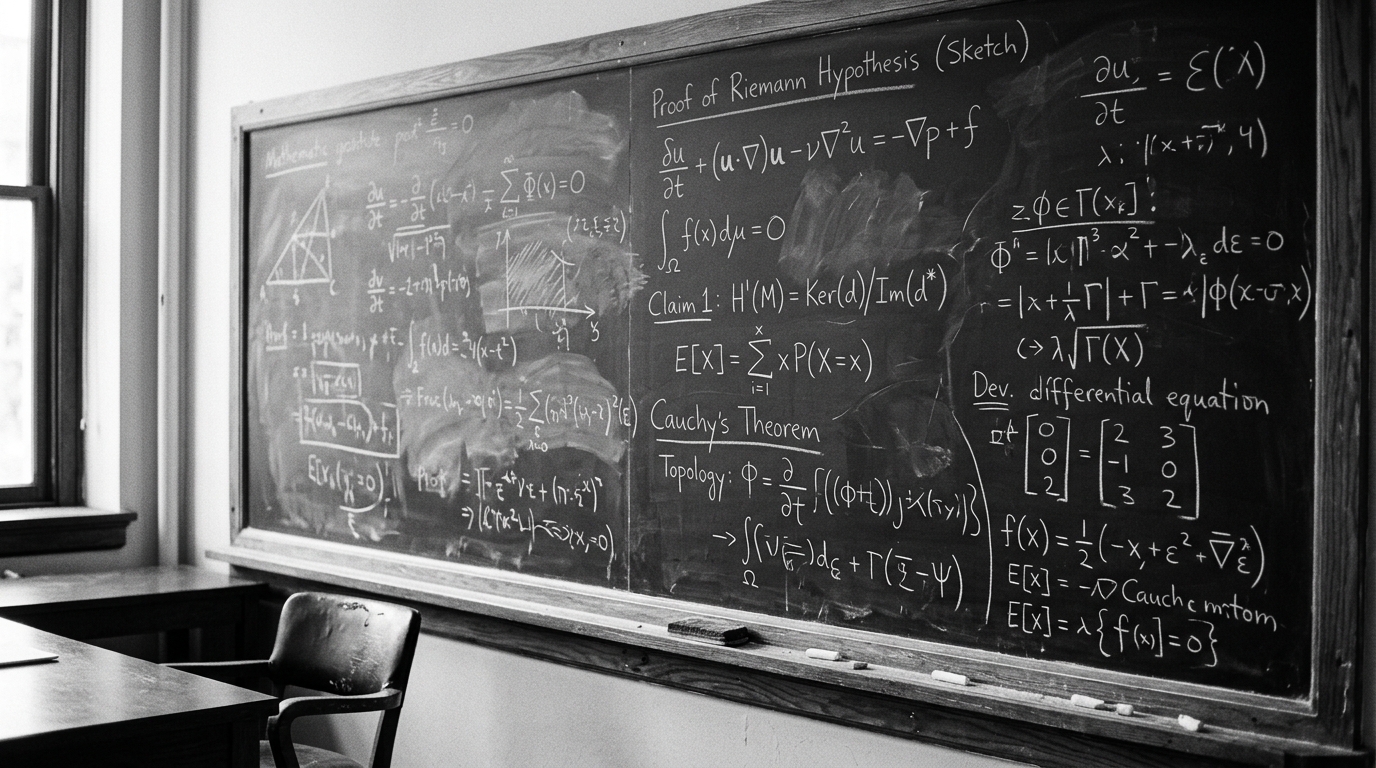 A seminar room chalkboard dense with mathematical proofs, equations, and layers of chalk dust.