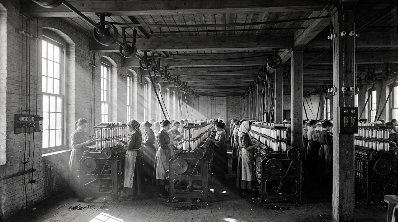 An early twentieth-century textile mill with overhead mechanical drive shafts, heavy leather belts, and early electrical wiring running along brick walls.