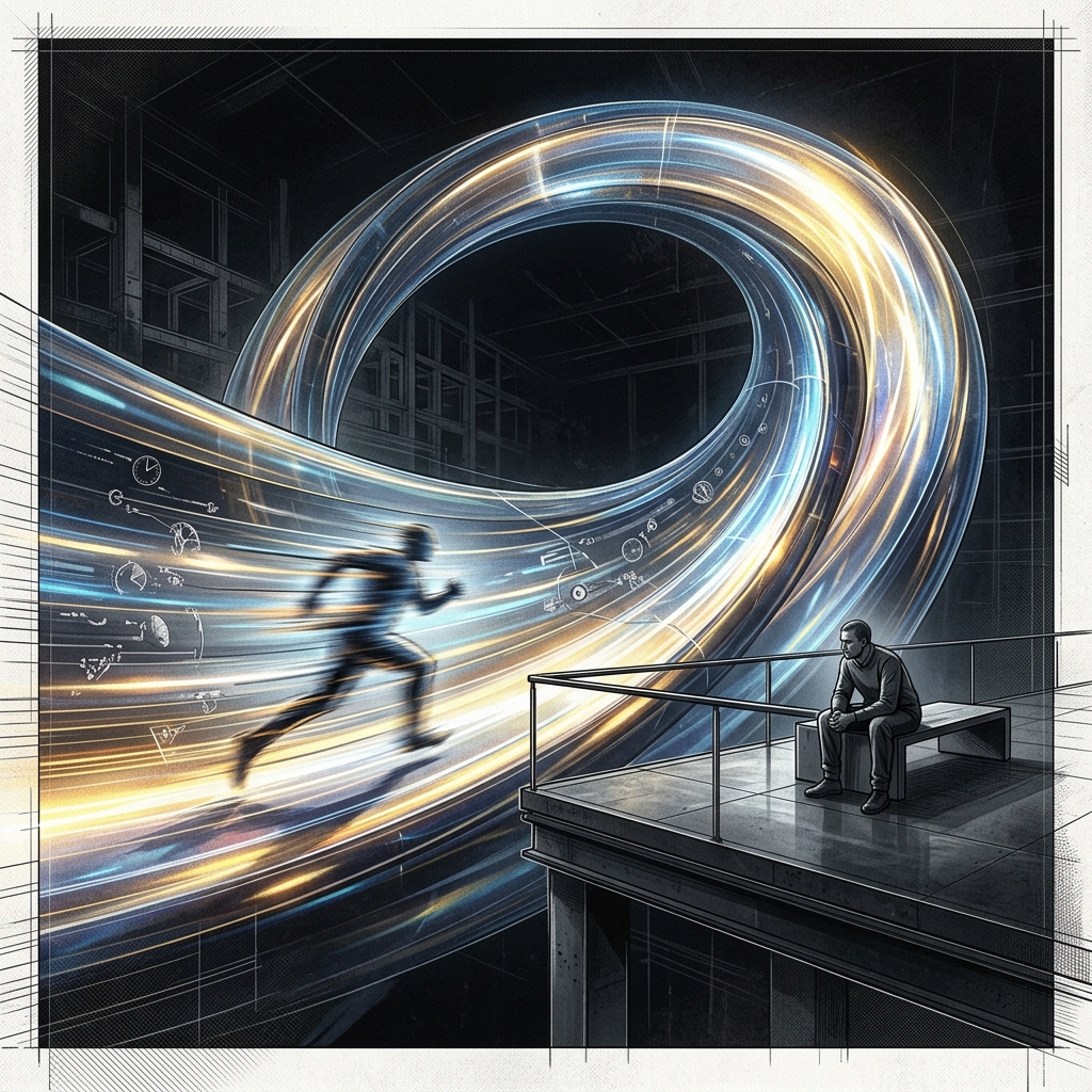The Bifurcation: A stark, minimalist architectural rendering showing a massive glowing loop where one blurred figure is running at impossible speed, while another figure sits completely still on a stark platform, watching with quiet paralysis.
