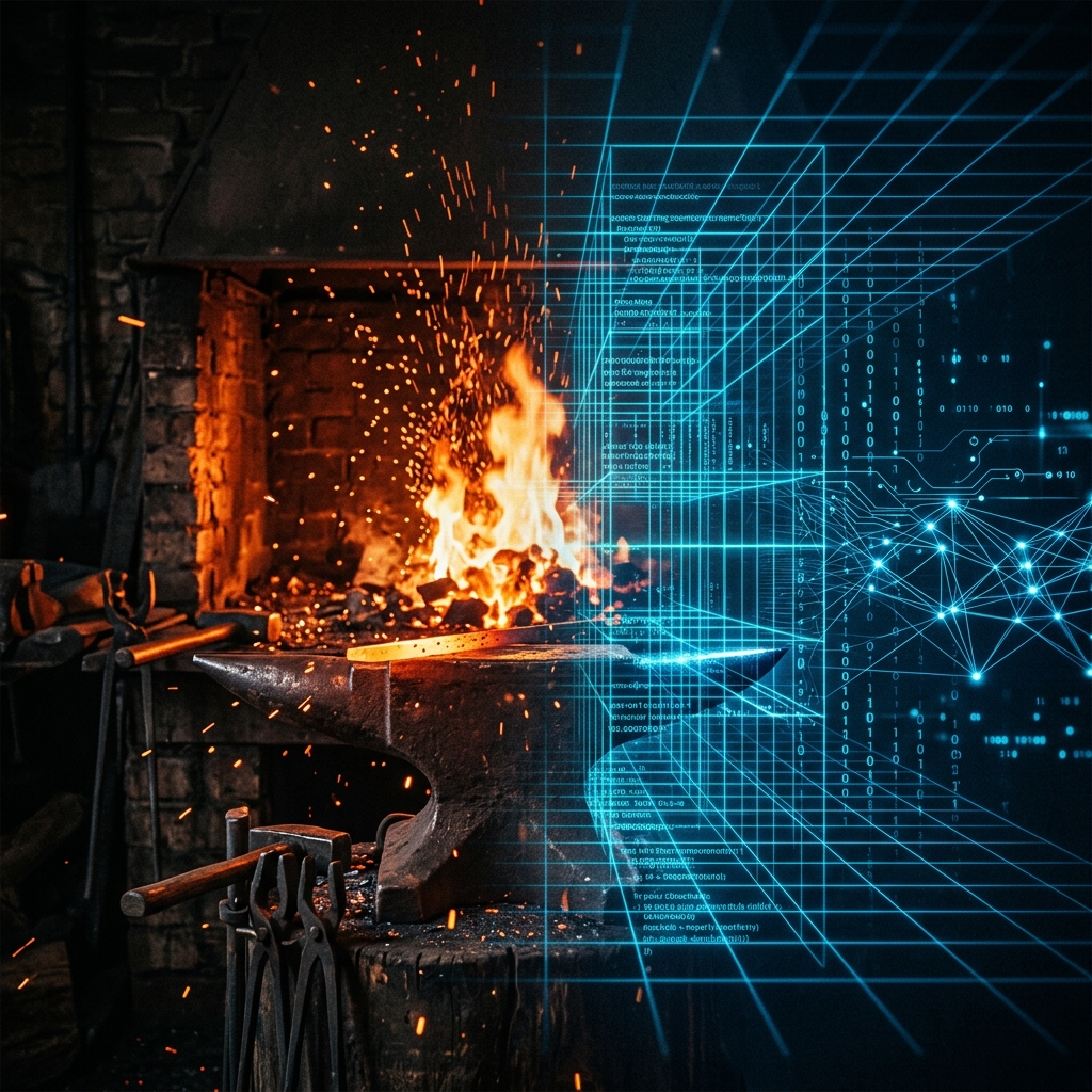 The Forge and the Grid: An abstract visual representation merging a glowing hot blacksmith's forge with a cool digital grid and neural pathways