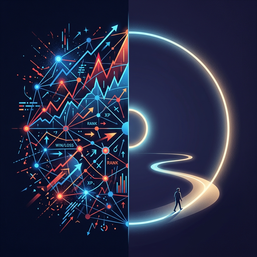 Two Geometries: A chaotic, dense web of interconnected glowing nodes on the left versus a serene, self-contained glowing circle on the right
